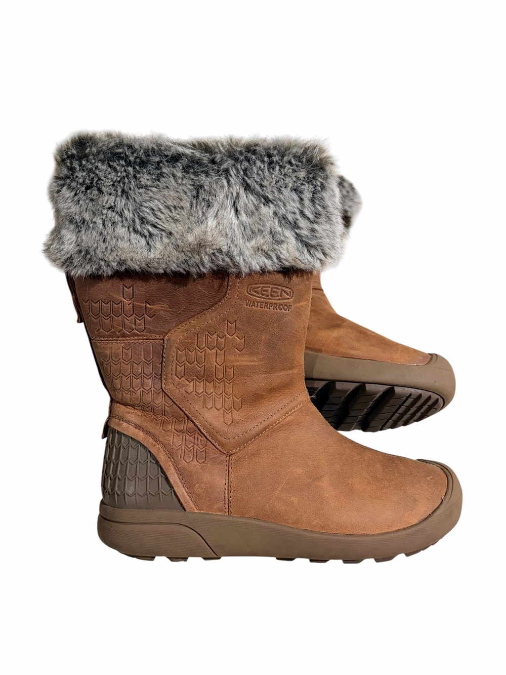 Keen Fremont Zip Waterproof Winter Boots Size 9 Cognac Brown Leather Fur Boots
